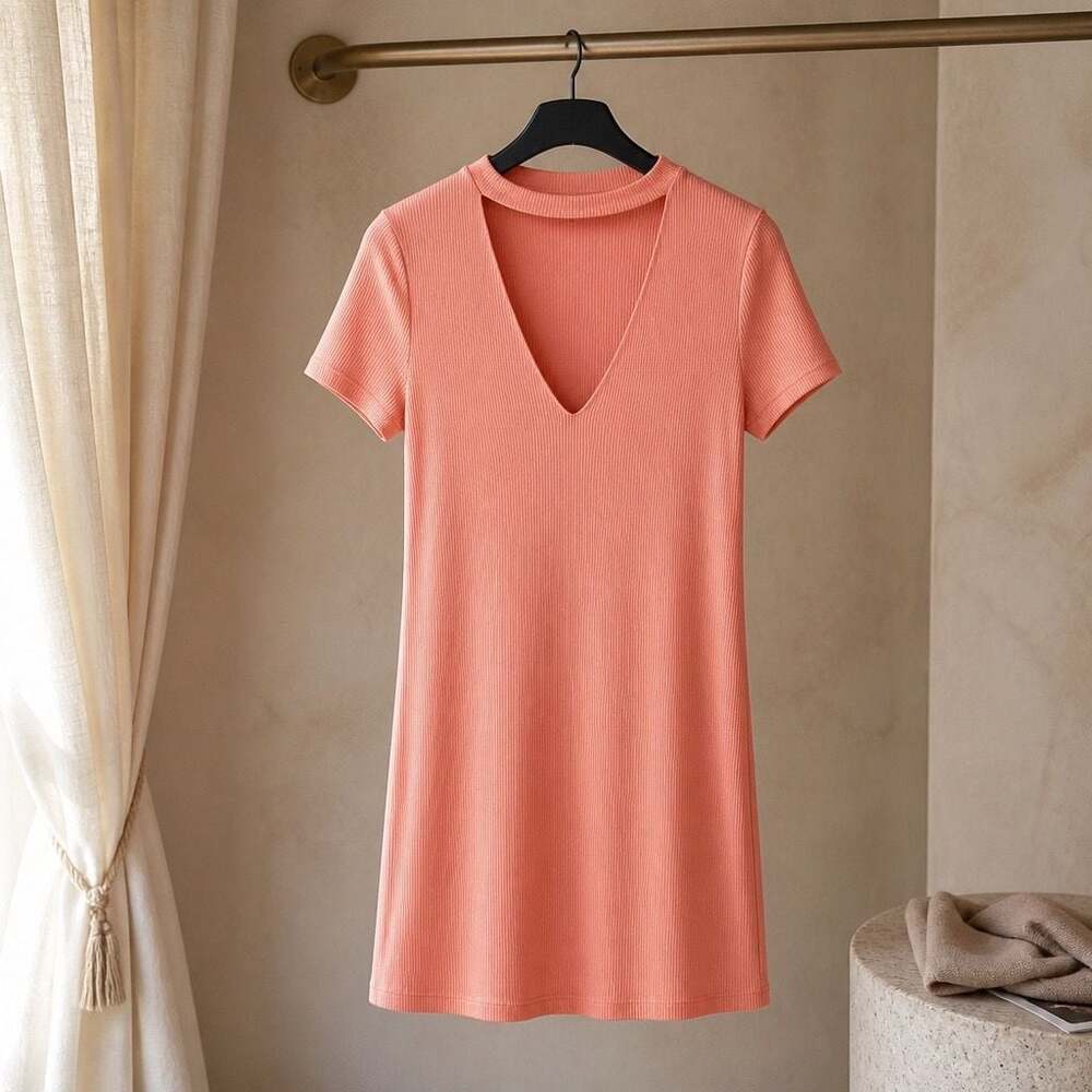Audrey 3+1 Peach Ribbed Knit Cutout V-Neck Mini Dress #765